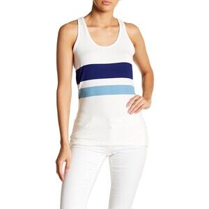 Poof Women's Cotton Blend Racerback Tank Top In White Navy Stripe Size S